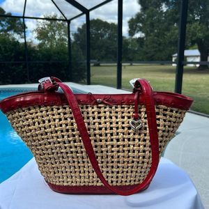 BRIGHTON Straw and Red Leather Tote